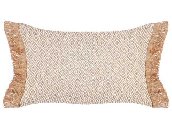 Set med 2 Beige Prydnadskuddar Polyester 30 x 50 cm med Fransar Geometriskt Mönster Moderna Traditionella Kuddar för Vardagsrum och Sovrum