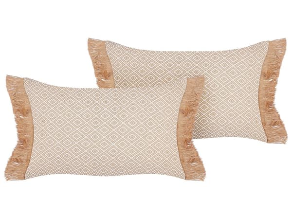 Set med 2 Beige Prydnadskuddar Polyester 30 x 50 cm med Fransar Geometriskt Mönster Moderna Traditionella Kuddar för Vardagsrum och Sovrum