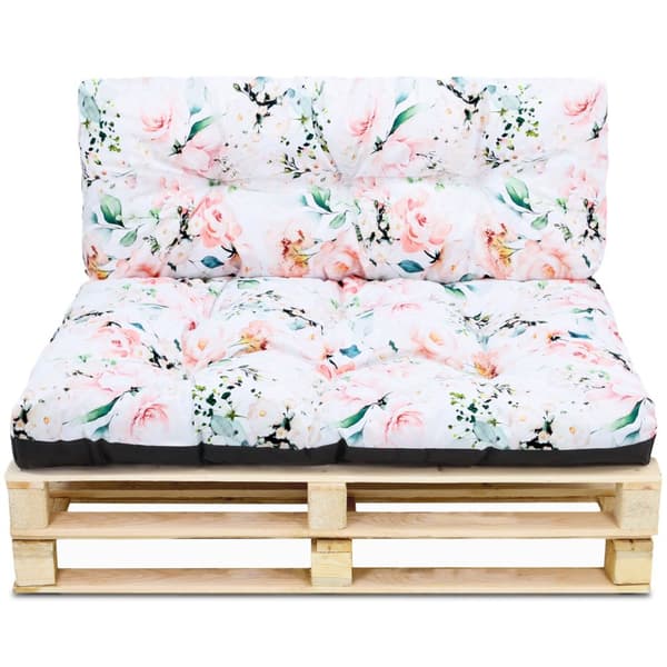 Pallkudde utomhustvättbar 40 x 120 cm - pallsittdyna Europall sittdyna klädsel blommor vit