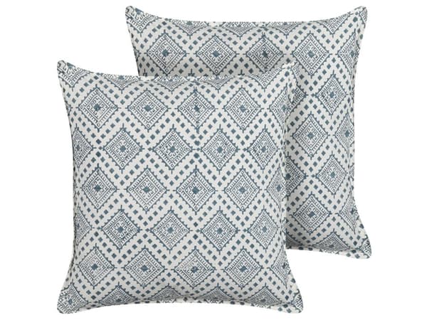 Sett med 2 Pynteputer Blå Hvit Bomull 45 x 45 cm Geometrisk Mønster Blokktrykt Boho Dekortilbehør