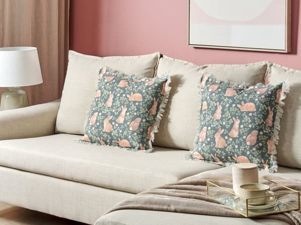 Set om 2 prydnadskuddar grön bomull polyester 45 x 45 cm djurmönster fyrkantig med insats påskdekorationer prydnadskuddar