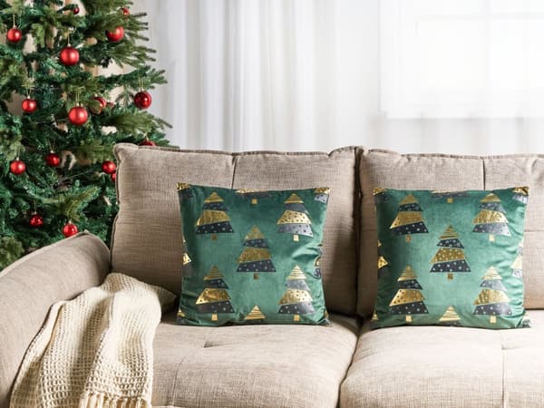 Set om 2 Kuddar Grön Sammet 45 x 45 cm Julgransmönster Avtagbara Kuddfodral Vardagsrum Sovrum