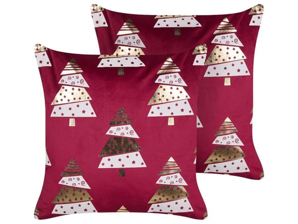 Set om 2 Kuddar Röd Sammet 45 x 45 cm Julgransmönster Avtagbara Kuddfodral Vardagsrum Sovrum