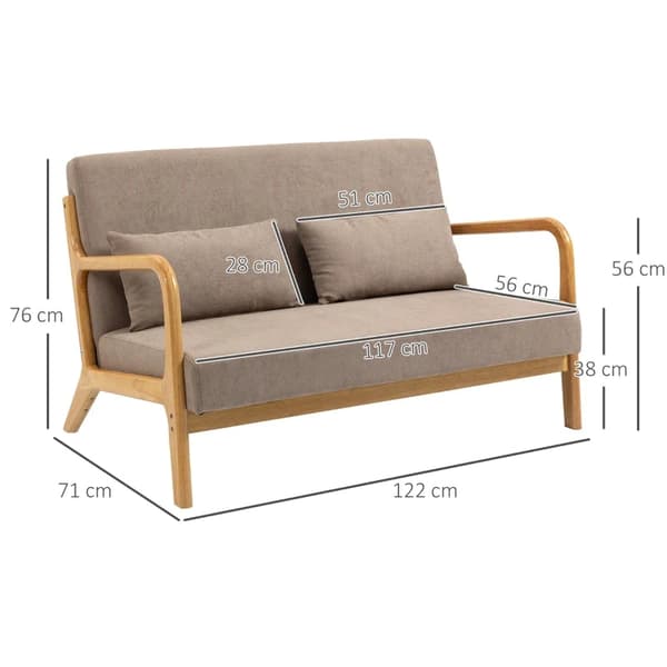 Rootz 2-sits soffa - 2-sits - Liten soffa - Retrodesign - 2 kuddar - Gummiträ - Brun + Natur - 122L x 71W x 76H cm