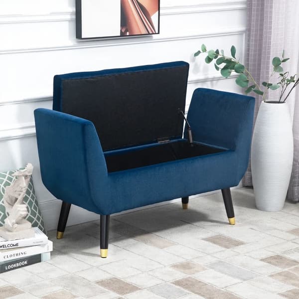 Rootz Luksusbænk - Polstret bænk med opbevaringsplads - Armlæn - Brystbænk - Fløjlsagtig - Polyester - Gummitræ - Blå - 107 x 42 x 65 cm