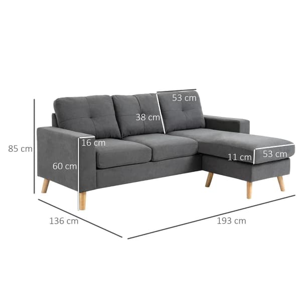 Rootz Hörnsoffa - Scandi Design - Knappsömmar - Tvättbar - Massivt trä - Mjukt vadderad - Linnelook - Grå - 193L x 136W x 85H cm