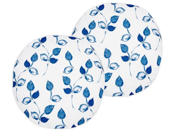 Set med 2 trädgårdskuddar Vit och blå Polyester ⌀ 40 cm Rund kudde med bladmotiv Modern design Kudde för att kasta