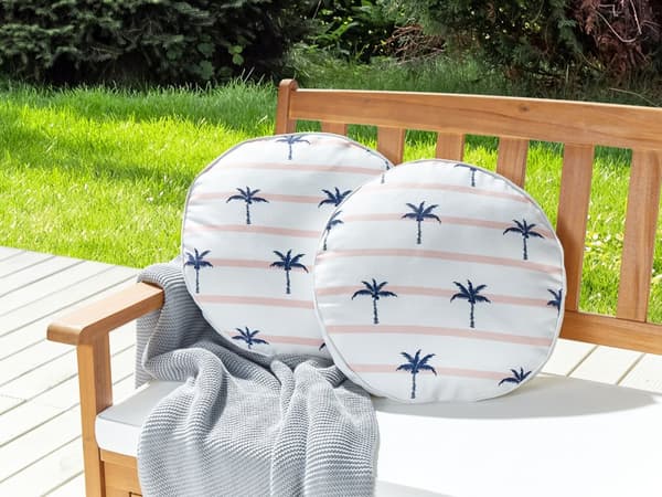 Set med 2 trädgårdsdynor Vit polyester Palmmönster ⌀ 40 cm Rund Modern Utomhus Uteplats Vattenavvisande