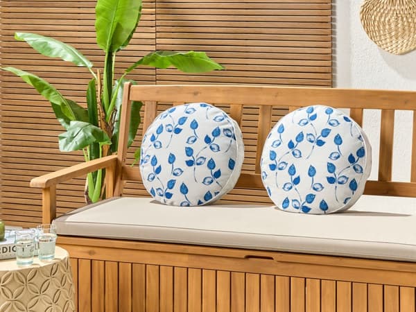 Sett med 2 hageputer Hvit og Blå Polyester ⌀ 40 cm Rund Bladmønster Motiv Moderne Design Kastepute med Spredt Design