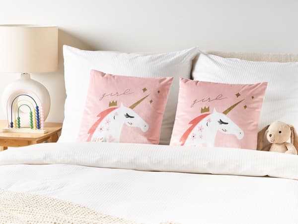Sett med 2 Barneputer Rosa Fløyelsstoff 45 x 45 cm Enhjørningmotiv Avtakbare trekk Stue Soverom
