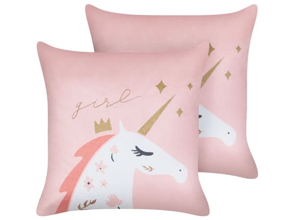 Sett med 2 Barneputer Rosa Fløyelsstoff 45 x 45 cm Enhjørningmotiv Avtakbare trekk Stue Soverom