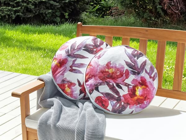 Sett med 2 hageputer i hvitt og rosa polyester med blomstermønster ⌀ 40 cm runde, moderne, vanntette uteputer for uteplassen