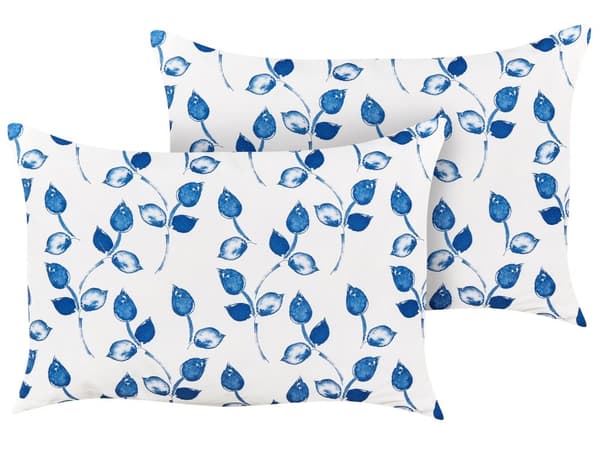 Sett med 2 hageputer i hvitt og blått polyester 40 x 60 cm Rektangulær pute med bladmotiv i moderne design