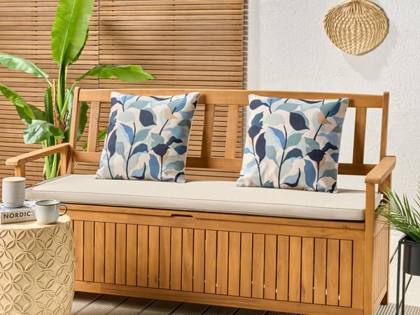 Set om 2 Trädgårdskuddar Blå Polyester 45 x 45 Bladmönster Modern Utomhusdekoration Vattenavvisande Trädgård Uteplats Balkong