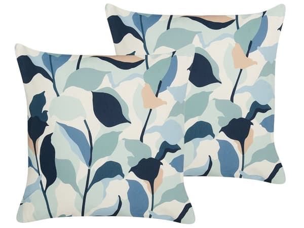 Set om 2 Trädgårdskuddar Blå Polyester 45 x 45 Bladmönster Modern Utomhusdekoration Vattenavvisande Trädgård Uteplats Balkong