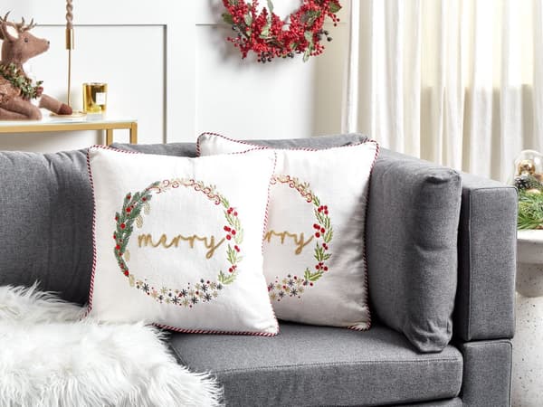 Set om 2 kuddar Vit sammet Tyg 45 x 45 cm Julmotiv Bomull Avtagbara Kuddfodral Vardagsrum Sovrum