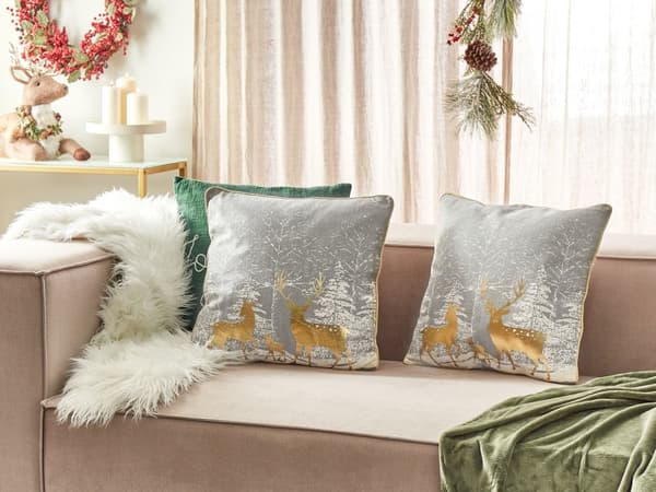 Set med 2 kuddar Grå 45 x 45 cm Julmotiv Bomull Avtagbara Kuddar Vardagsrum Sovrum