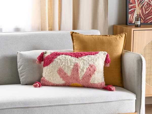 Set med 2 Tuftade Prydnadskuddar Rosa och Vit Bomull 30 x 50 cm Blommotiv med Tofsar Boho Dekoration Accessoarer Vardagsrum Sovrum