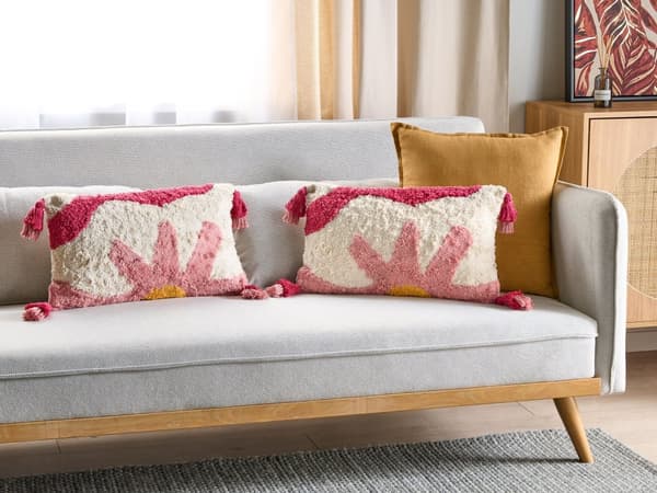 Set med 2 Tuftade Prydnadskuddar Rosa och Vit Bomull 30 x 50 cm Blommotiv med Tofsar Boho Dekoration Accessoarer Vardagsrum Sovrum