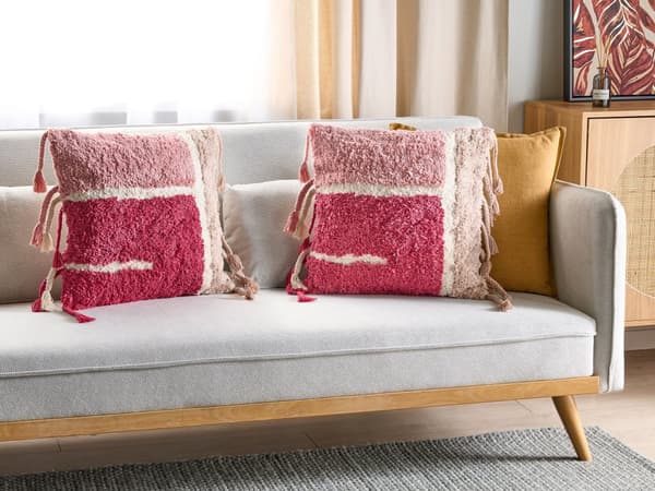Sett med 2 tuftete puter i rosa bomull 45 x 45 cm med dusker Boho Stil Innredningstilbehør