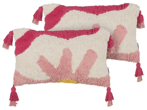 Sett med 2 Pynteputer Rosa Hvit Bomull 30 x 50 cm Blomstermotiv med dusker Boho Dekortilbehør