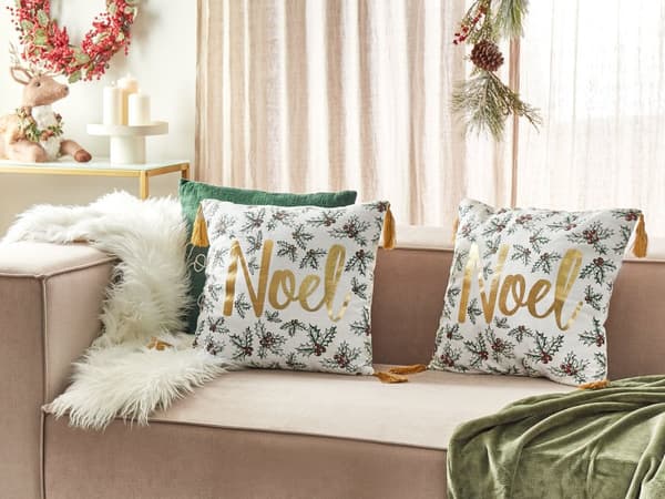 Set om 2 kuddar Vit Guld Bomull 45 x 45 cm Julmotiv Tofsar Tillbehör Festlig Inredning