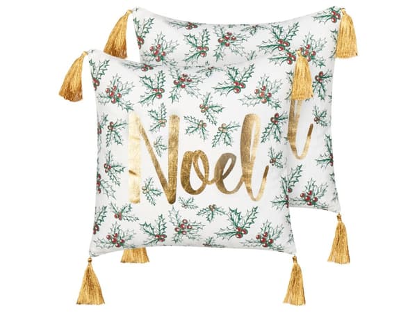 Set om 2 kuddar Vit Guld Bomull 45 x 45 cm Julmotiv Tofsar Tillbehör Festlig Inredning