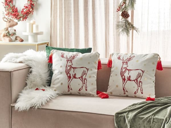 Set om 2 kuddar Vit Röd Bomull 45 x 45 cm Julmotiv Renar Tofsar Tillbehör Festlig Inredning