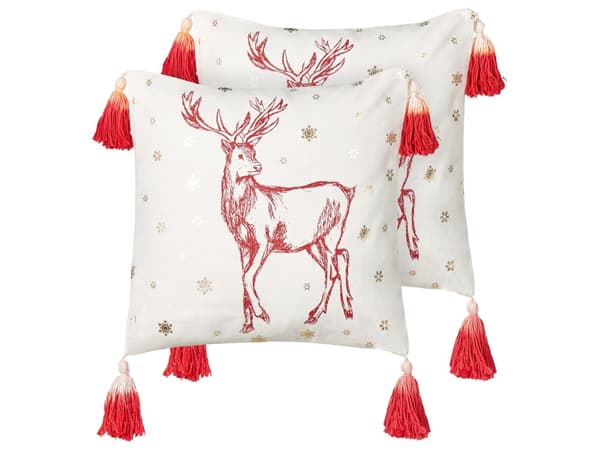 Set om 2 kuddar Vit Röd Bomull 45 x 45 cm Julmotiv Renar Tofsar Tillbehör Festlig Inredning