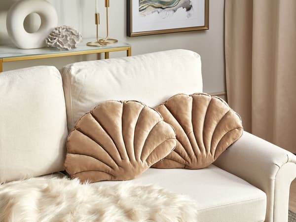 Set med 2 Snäckskalskuddar Beige Sammet Kammussla Form Prydnadskudde Dekoration Marint Tema Textilier Vardagsrum Sovrum