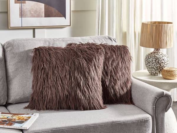Set med 2 Prydnadskuddar Brun Fuskpäls 45 x 45 cm Mjuka Fluffiga Prydnadskuddar Sovrum Vardagsrum