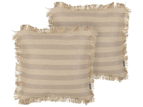 Set om 2 Prydnadskuddar Beige Jute 45 x 45 cm Vävda Avtagbara Överdrag med Dragkedja Fransar Boho Dekor Tillbehör Vardagsrum Sovrum