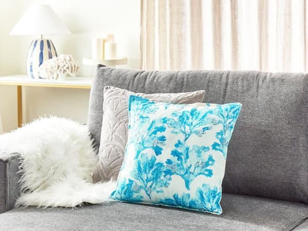 Prydnadskudde Vit och blå Bomull 45 x 45 cm Marin Korallmönster Fyrkantig Polyester Fyllning Heminredning