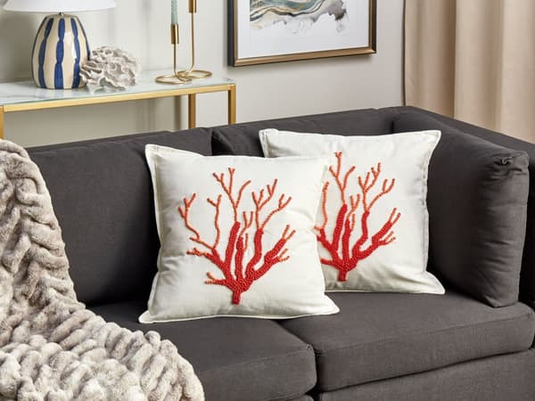 Set med 2 kuddar Vit bomull 45 x 45 cm Marint korallmönster Fyrkantig polyesterfyllning Heminredningstillbehör