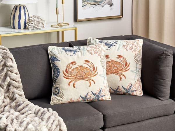 Set med 2 kuddar Beige Linne Bomull 45 x 45 cm Marint Krabbmönster Fyrkantig Polyester Fyllning Heminredningstillbehör