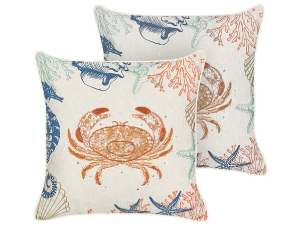 Set med 2 kuddar Beige Linne Bomull 45 x 45 cm Marint Krabbmönster Fyrkantig Polyester Fyllning Heminredningstillbehör