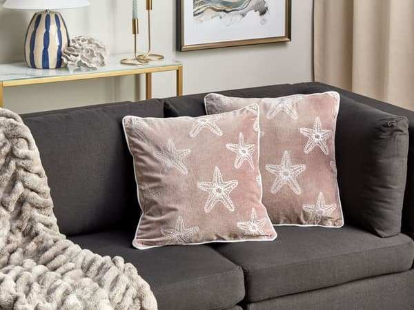 Sett med 2 puter Rosa fløyel 45 x 45 cm Marine sjøstjernemotiv Firkantet polyesterfylling Hjemmetilbehør