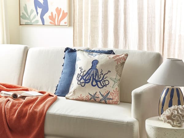 Prydnadskudde Beige Linne 45 x 45 cm Marin Bläckfisk Mönster Fyrkantig Polyester Fyllning Heminredning