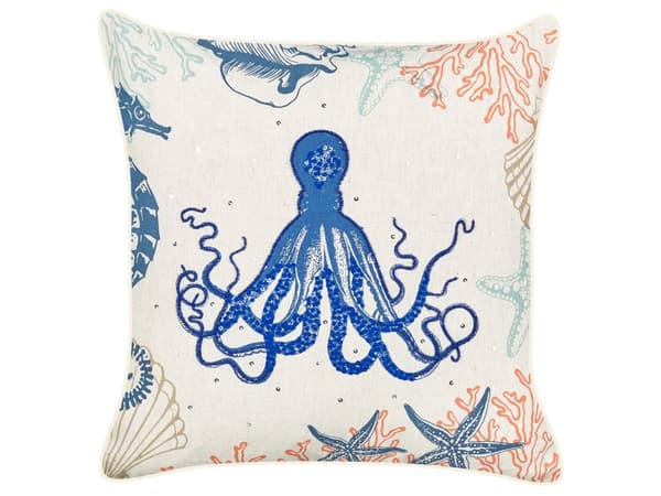 Prydnadskudde Beige Linne 45 x 45 cm Marin Bläckfisk Mönster Fyrkantig Polyester Fyllning Heminredning