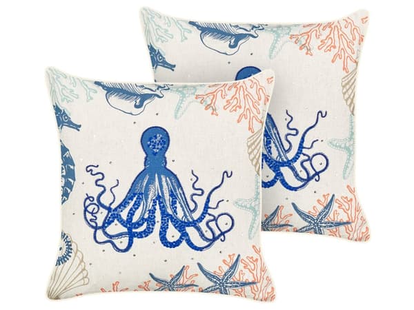 Set om 2 kuddar Beige linne 45 x 45 cm Marint bläckfiskmönster Fyrkantig polyesterfyllning Heminredningstillbehör