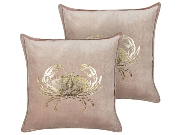 Set om 2 prydnadskuddar Taupe sammet 45 x 45 cm Marin krabbmotiv Fyrkantig polyesterfyllning Heminredningstillbehör