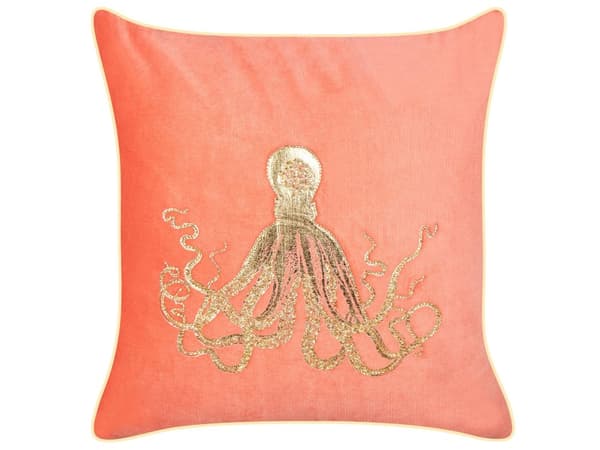 Prydnadskudde Röd Sammet 45 x 45 cm Marin Bläckfisk Motiv Fyrkantig Polyester Fyllning Heminredning