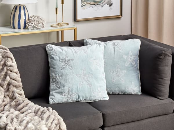 Set med 2 prydnadskuddar Blå sammet 45 x 45 cm Marin sjöstjärnemotiv Fyrkantig polyesterfyllning Heminredningstillbehör