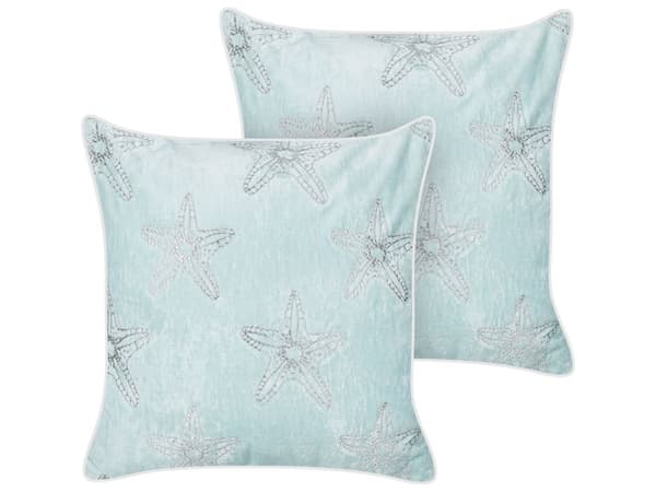 Set med 2 prydnadskuddar Blå sammet 45 x 45 cm Marin sjöstjärnemotiv Fyrkantig polyesterfyllning Heminredningstillbehör