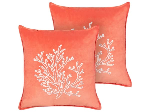 Set med 2 kuddar Rosa sammet 45 x 45 cm Marin korallmotiv Fyrkantig polyesterfyllning Heminredningstillbehör