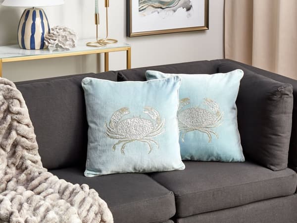 Set med 2 prydnadskuddar Blå sammet 45 x 45 cm Marin krabbmotiv Fyrkantig polyesterfyllning Heminredningstillbehör