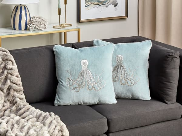 Set med 2 prydnadskuddar Blå sammet 45 x 45 cm Marint bläckfiskmotiv Fyrkantig polyesterfyllning Heminredningstillbehör