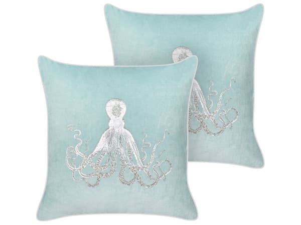 Set med 2 prydnadskuddar Blå sammet 45 x 45 cm Marint bläckfiskmotiv Fyrkantig polyesterfyllning Heminredningstillbehör