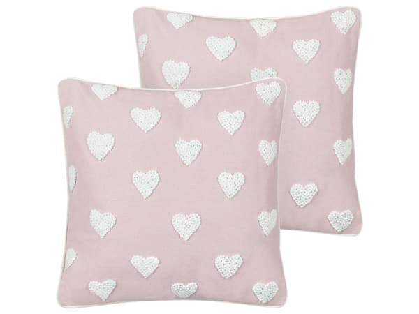 Set om 2 prydnadskuddar rosa bomull 45 x 45 cm med broderat hjärtmönster