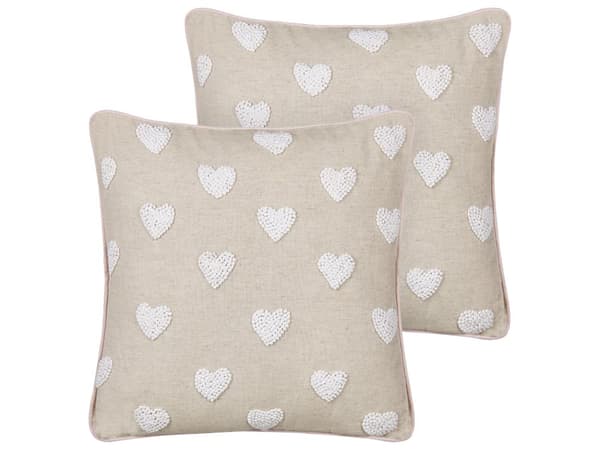 Set om 2 prydnadskuddar Beige bomull 45 x 45 cm Broderat hjärtmönster
